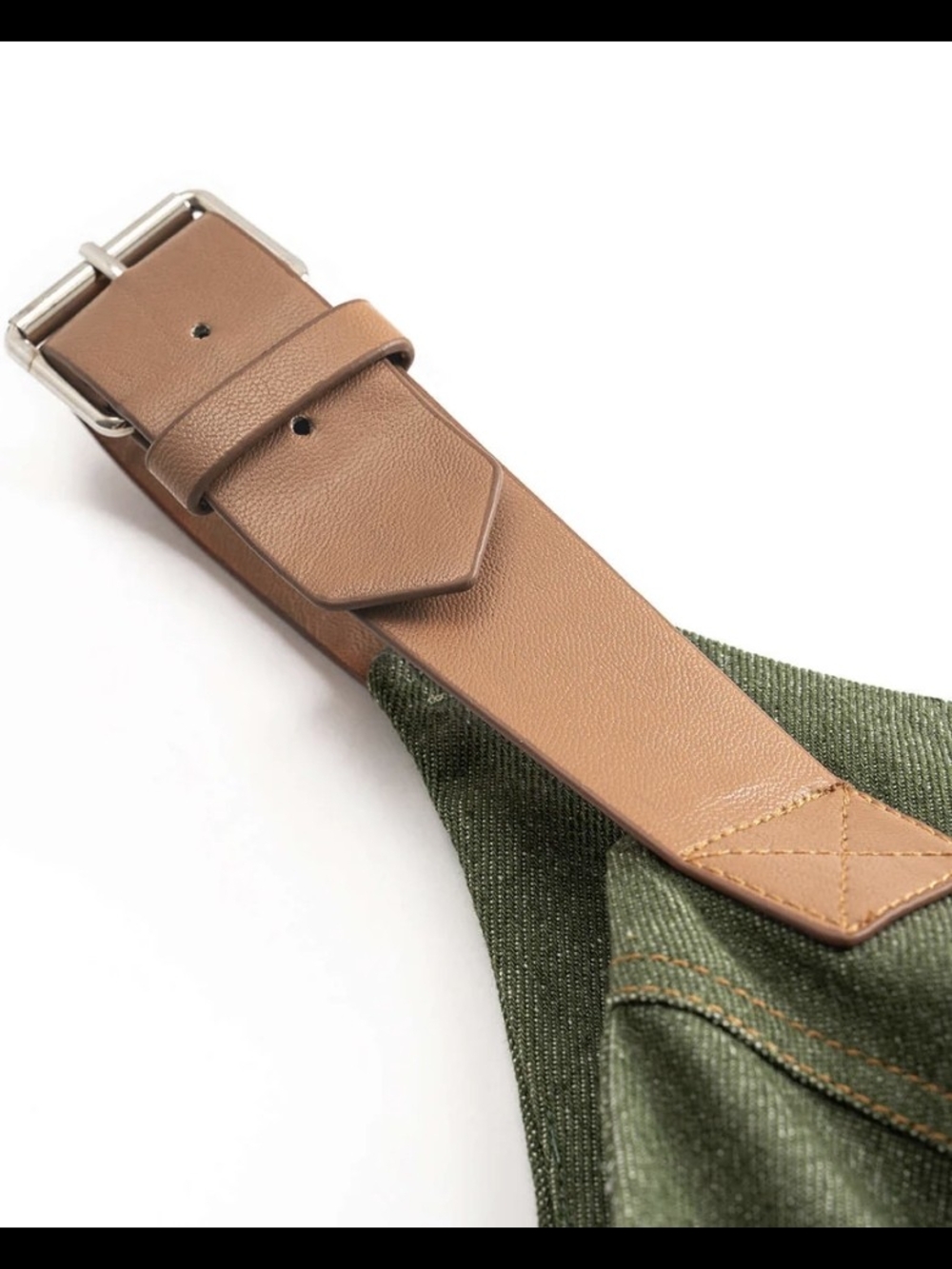 Fitted Olive Green Mini Dress with Tan Strap Accents - Picture 3 of 3